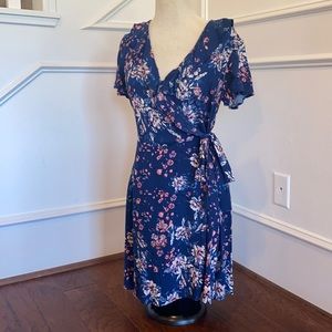 Blue Floral Faux Wrap Dress